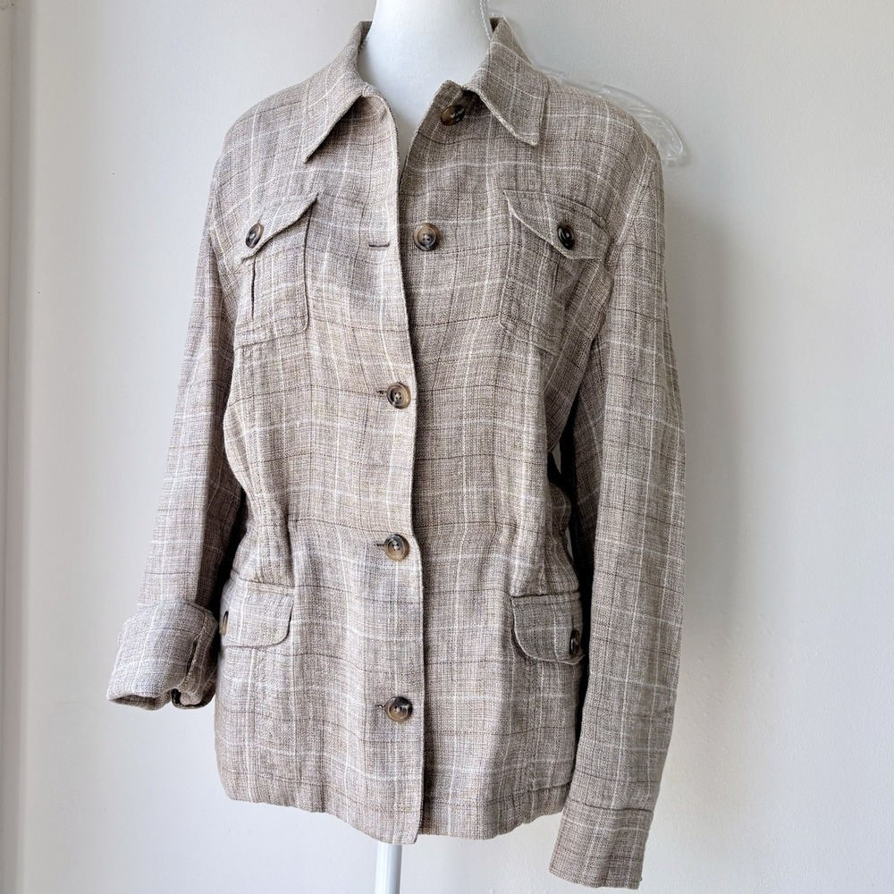Vtg Jones New York Blazer Large Beige Linen Cotton Pockets Office